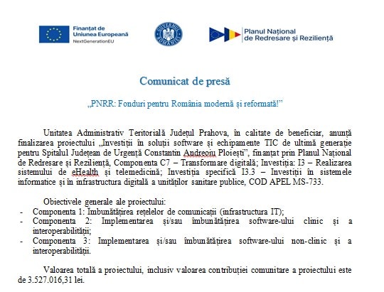 UAT Județul Prahova anunță finalizarea proiectului „Investiții în soluții software și echipamente TIC de ultimă generație pentru Spitalul Județean de Urgență Constantin Andreoiu Ploiești”, finanțat prin PNRR