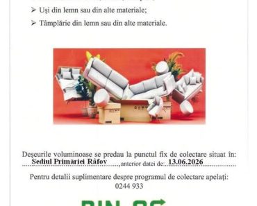 Primăria Râfov: Campanie de colectare gratuită a deșeurilor voluminoase Primăria Râfov: Campanie de colectare gratuită a deșeurilor voluminoase