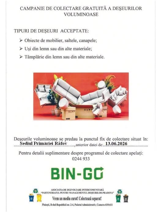 Primăria Râfov: Campanie de colectare gratuită a deșeurilor voluminoase