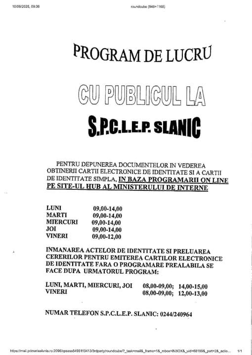 Primăria Aluniș: Program de lucru cu publicul la S.P.C.L.E.P. Slănic