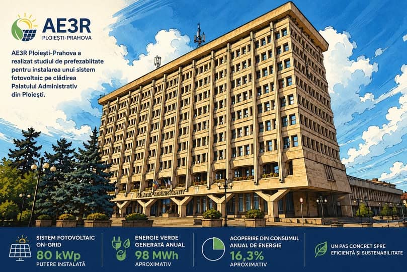AE3R Ploiești – Prahova a realizat studiul de prefezabilitate pentru instalarea unui sistem fotovoltaic pe clădirea Palatului Administrativ din Ploiești AE3R Ploiești – Prahova a realizat studiul de prefezabilitate pentru instalarea unui sistem fotovoltaic pe clădirea Palatului Administrativ din Ploiești