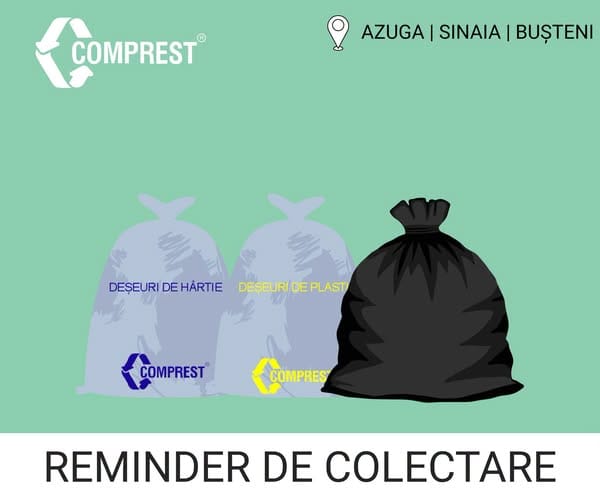 Comprest: În perioada 14-16 IULIE 2026, în zona 1 BUȘTENI – Azuga, Bușteni, Sinaia – urmează a fi colectate deșeurile Comprest: În perioada 14-16 IULIE 2026, în zona 1 BUȘTENI – Azuga, Bușteni, Sinaia – urmează a fi colectate deșeurile