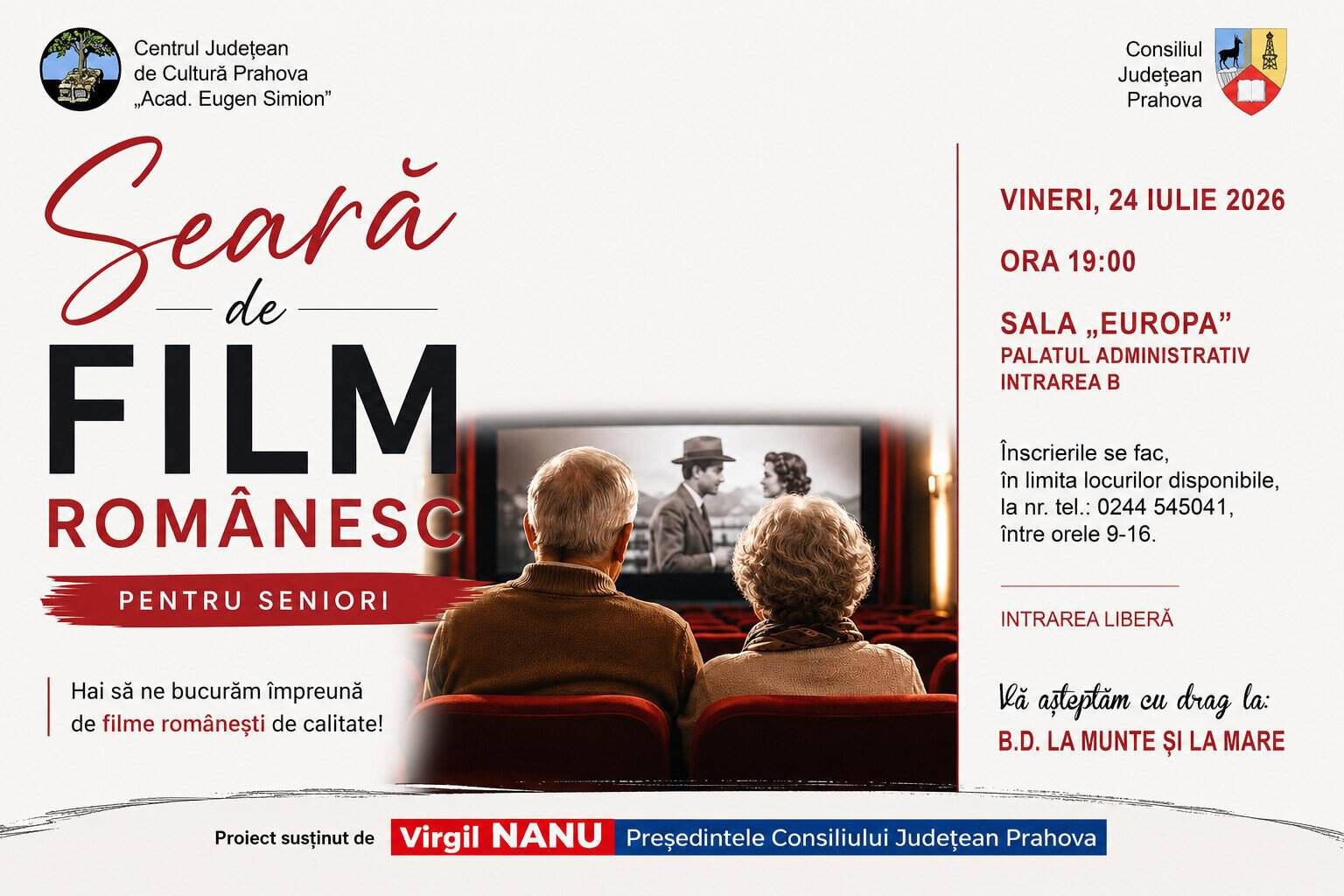 În această seară, de la ora 19:00, Consiliul Județean Prahova organizează o nouă „Seară de Film Românesc” pentru seniori În această seară, de la ora 19:00, Consiliul Județean Prahova organizează o nouă „Seară de Film Românesc” pentru seniori