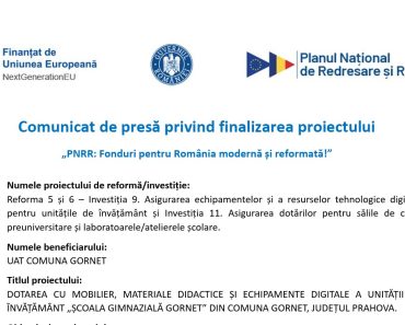 Comunicat de presă privind finalizarea proiectului „PNRR: Fonduri pentru România modernă și reformată!”