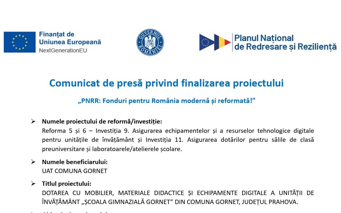 Comunicat de presă privind finalizarea proiectului „PNRR: Fonduri pentru România modernă și reformată!”