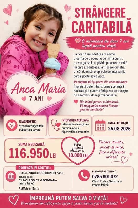 Primăria Valea Doftanei face apel la solidaritate: Împreună îi putem oferi Ancăi Maria șansa la viață