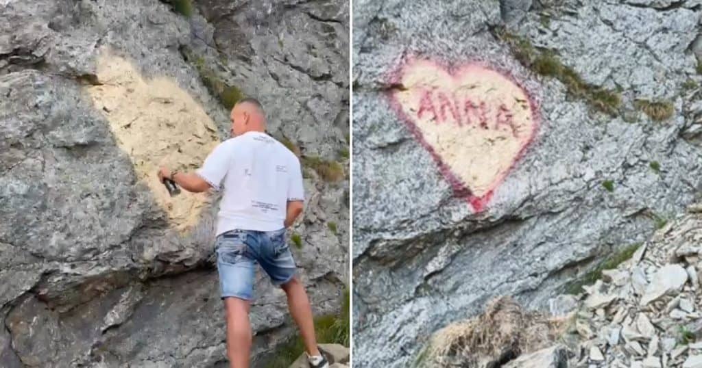 „Anna, ţine-ţi prostul acasă!”. Val de reacții după ce un bărbat a desenat o declarație de dragoste pe o stâncă de pe Transfăgărășan