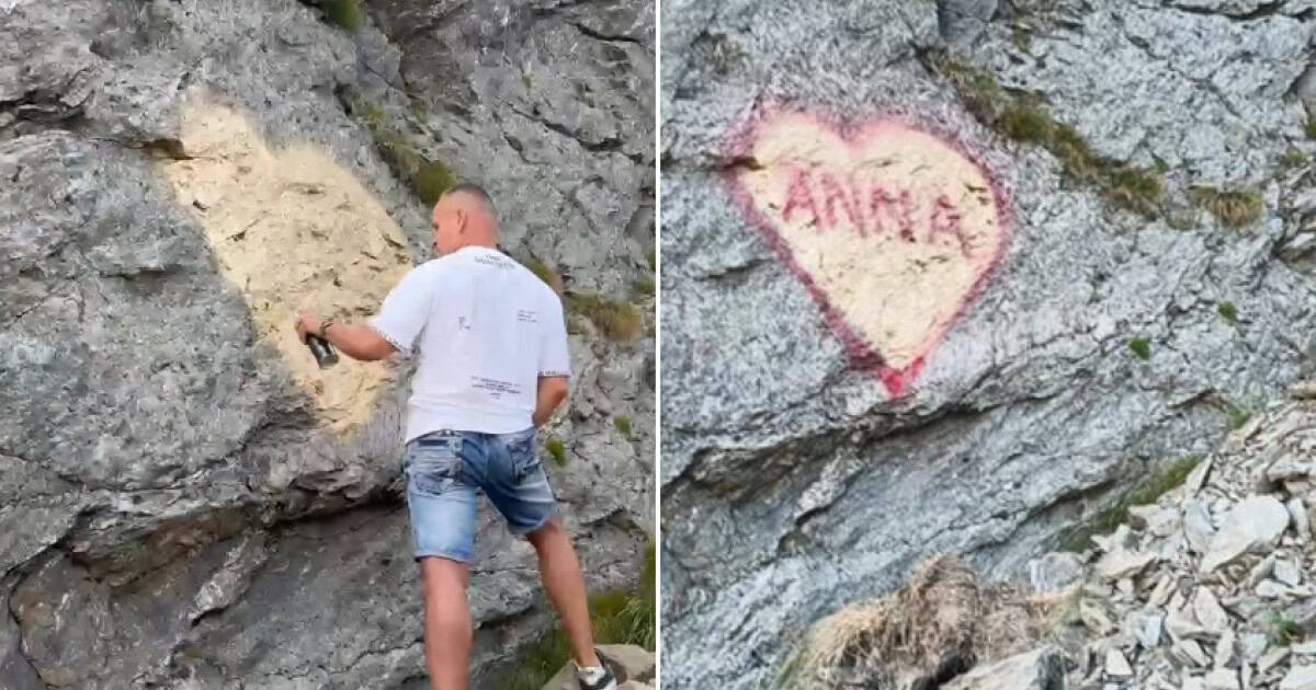 S-a aflat cine este bărbatul care a „pictat” o declarație de dragoste pe o stâncă de pe Transfăgărășan. Anunțul polițiștilor