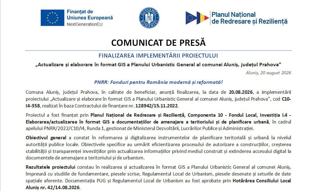 Primăria Aluniș anunță finalizarea implementării proiectului „Actualizare și elaborare în format GIS a Planului Urbanistic General al comunei Aluniș, județul Prahova” Primăria Aluniș anunță finalizarea implementării proiectului „Actualizare și elaborare în format GIS a Planului Urbanistic General al comunei Aluniș, județul Prahova”