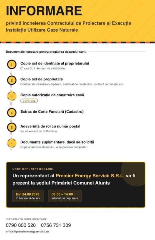 Primăria Aluniș: INFORMARE PRIVIND REALIZAREA PROIECTĂRII ȘI EXECUȚIEI INSTALAȚIEI DE UTILIZARE GAZE NATURALE