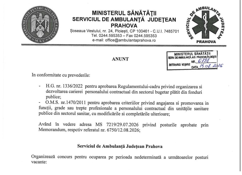 Serviciul de Ambulanta Judetean Prahova organizeaza concurs pentru ocuparea posturilor vacante Serviciul de Ambulanta Judetean Prahova organizeaza concurs pentru ocuparea posturilor vacante