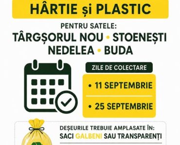Primăria Ariceștii Rahtivani au anunțat programul de colectare a deșeurilor reciclabile – hartie și plastic, luna septembrie 2026