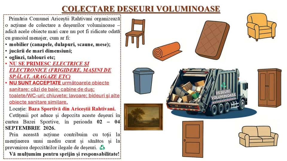 Primăria Ariceștii Rahtivani: Colectare deșeuri voluminoase, perioada 02-04 septembrie