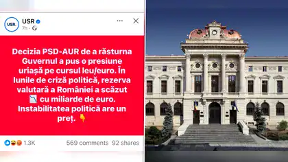 USR, partidul care pretinde că luptă cu Fake News, propagă o mare minciună. Susține că, din cauza dărâmării guvernului Bolojan, rezerva valutară a României a scăzut cu „miliarde de euro”. De fapt, a scăzut cu câteva sute de milioane. Gândul publică rapoartele BNR care probează minciuna USR, partidul care pretinde că luptă cu Fake News, propagă o mare minciună. Susține că, din cauza dărâmării guvernului Bolojan, rezerva valutară a României a scăzut cu „miliarde de euro”. De fapt, a scăzut cu câteva sute de milioane. Gândul publică rapoartele BNR care probează minciuna