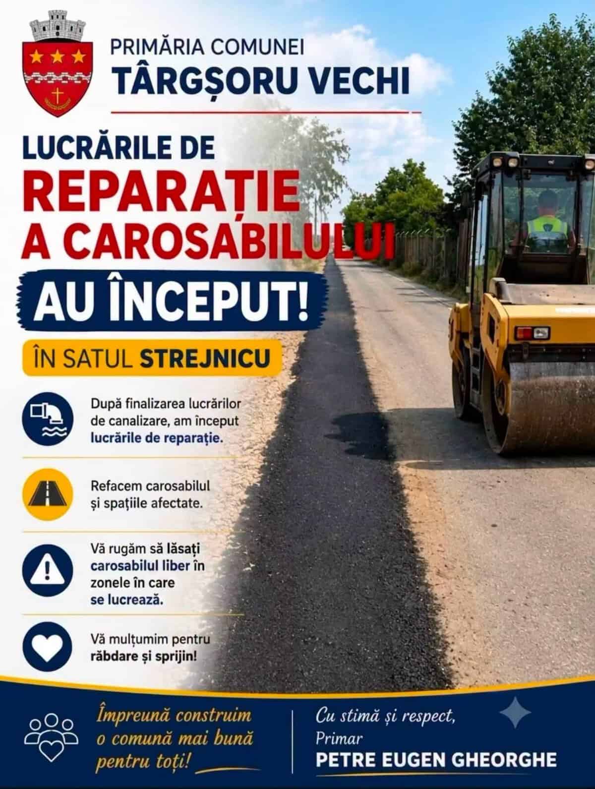 Primăria comunei Târgșoru Vechi anunță începerea lucrărilor de reparație a carosabilului în satul Strejnicu Primăria comunei Târgșoru Vechi anunță începerea lucrărilor de reparație a carosabilului în satul Strejnicu