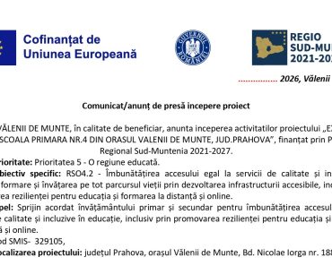 Investiții în educație la Vălenii de Munte. Primăria anunță începerea activităților proiectului pentru extinderea clădirii Școlii Primare Nr.4 finanțat prin Programul Regional Sud-Muntenia