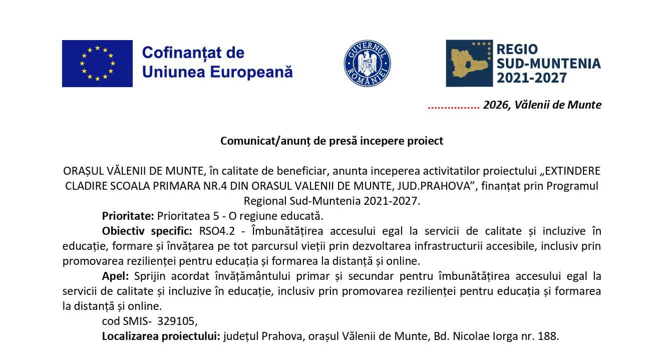 Investiții în educație la Vălenii de Munte. Primăria anunță începerea activităților proiectului pentru extinderea clădirii Școlii Primare Nr.4 finanțat prin Programul Regional Sud-Muntenia