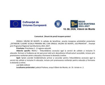 Primăria Vălenii de Munte anunță începerea activităților proiectului pentru extinderea Școlii Primare Nr.2 finanțat prin Programul Regional Sud-Muntenia