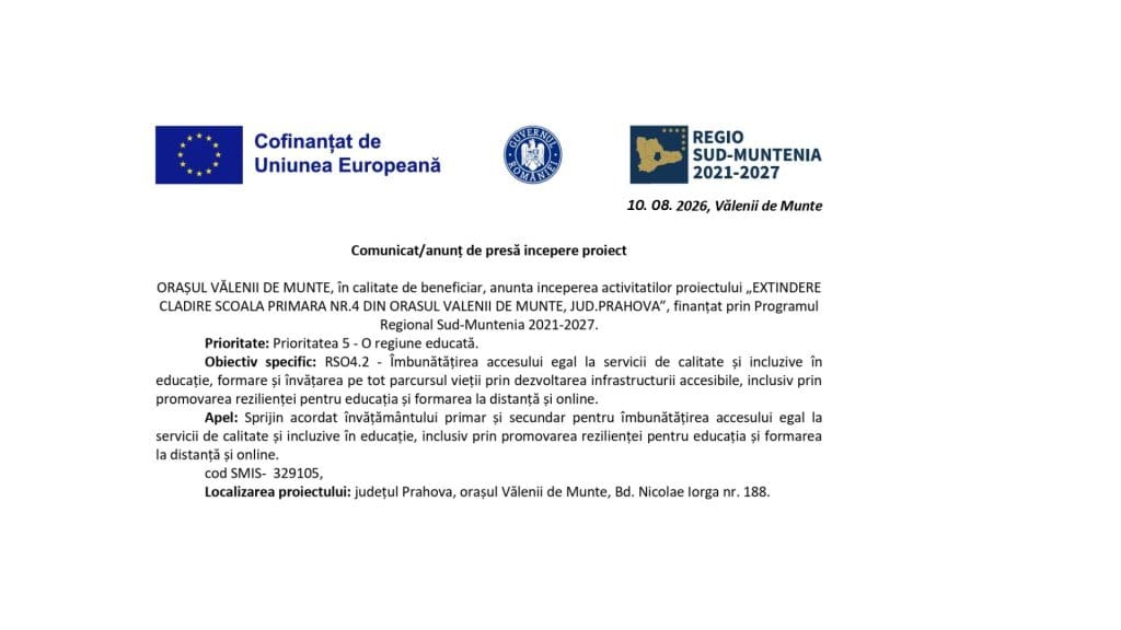 Investiții în educație la Vălenii de Munte. Primăria anunță începerea activităților proiectului pentru extinderea clădirii Școlii Primare Nr.4 finanțat prin Programul Regional Sud-Muntenia