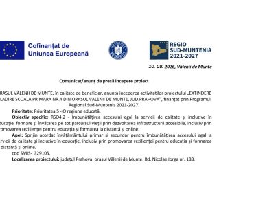 Investiții în educație la Vălenii de Munte. Primăria anunță începerea activităților proiectului pentru extinderea clădirii Școlii Primare Nr.4 finanțat prin Programul Regional Sud-Muntenia