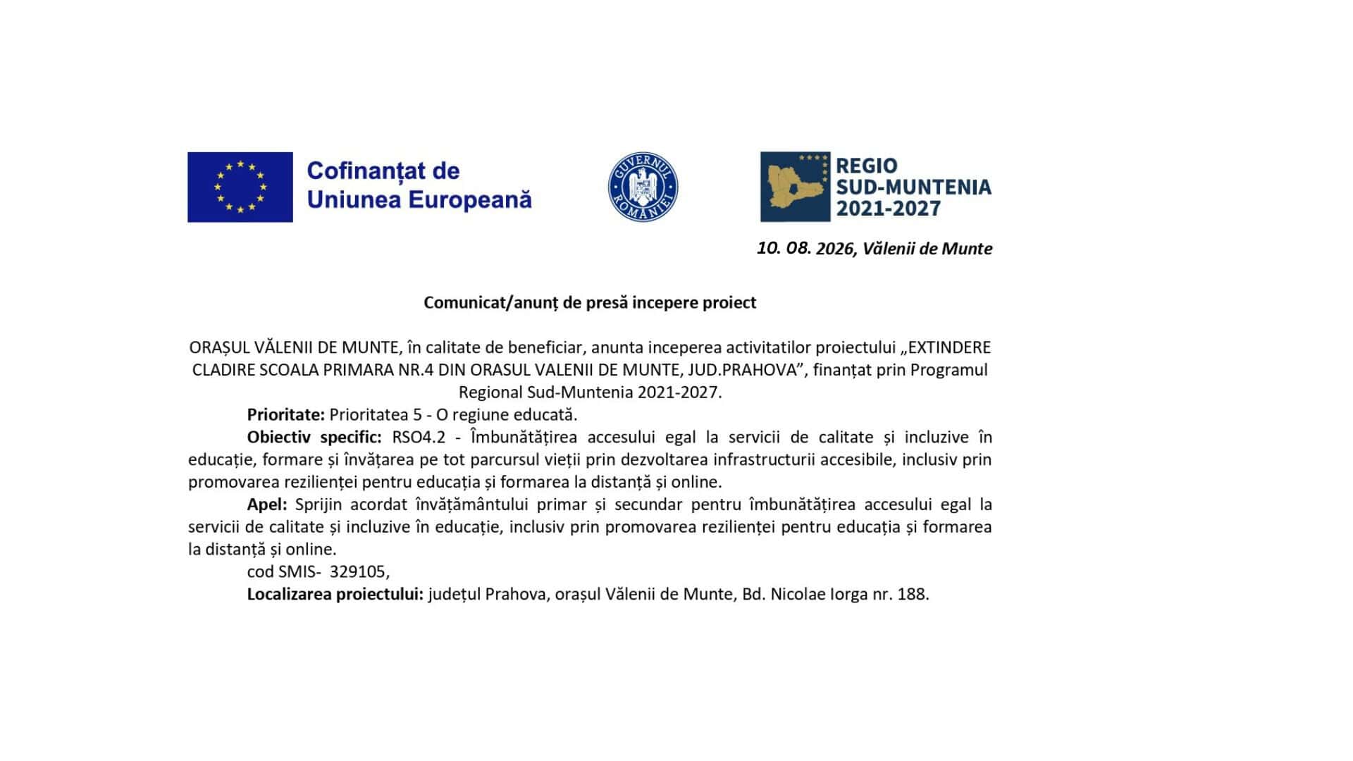 Investiții în educație la Vălenii de Munte. Primăria anunță începerea activităților proiectului pentru extinderea clădirii Școlii Primare Nr.4 finanțat prin Programul Regional Sud-Muntenia