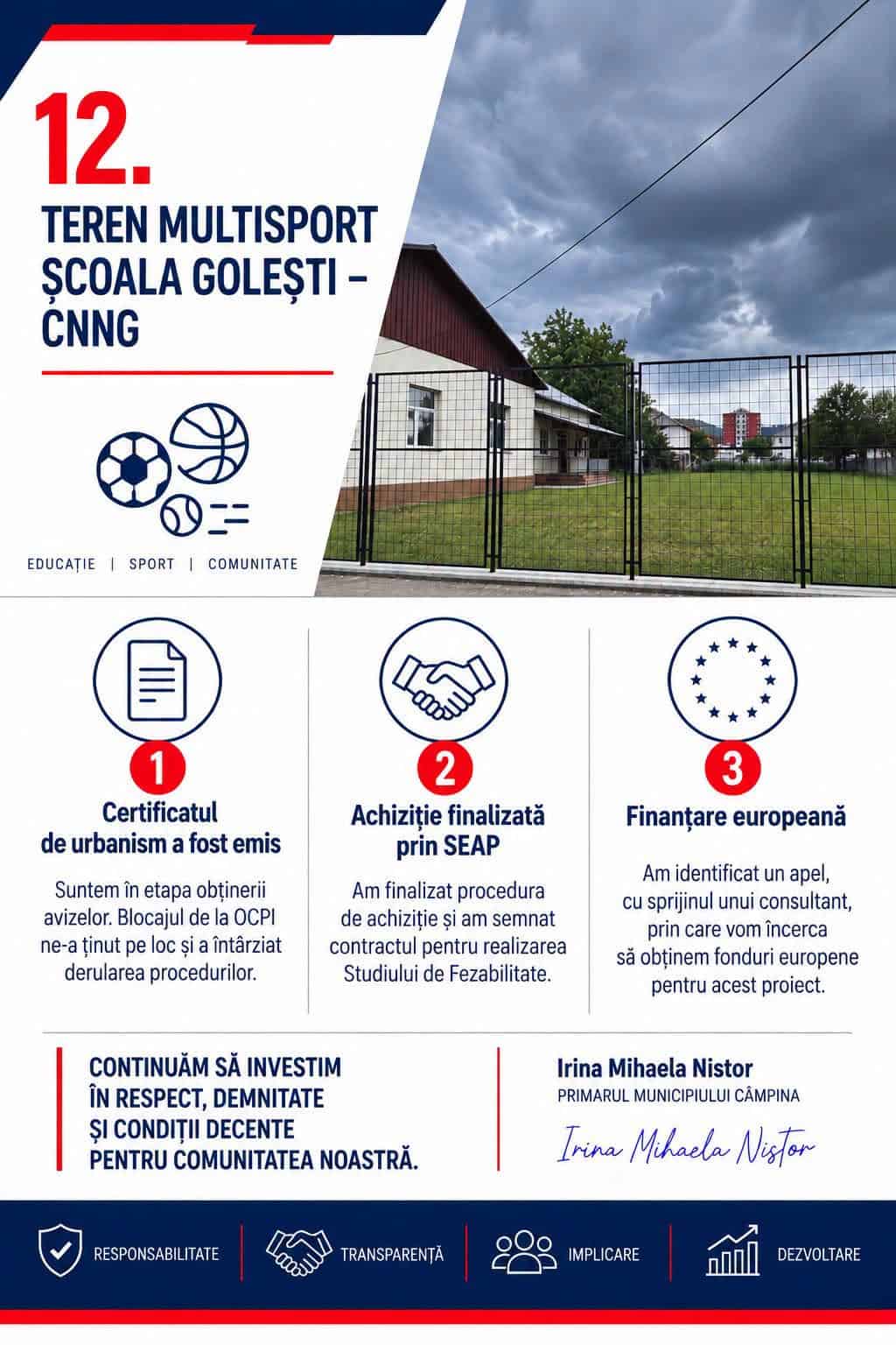 Primăria Câmpina pregătește un teren multisport la Școala Golești. Proiectul ar putea fi realizat cu fonduri europene