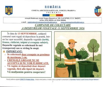 Primăria Ariceștii Rahtivani: Colectare deșeuri vegetale, 13 septembrie 2026 Primăria Ariceștii Rahtivani: Colectare deșeuri vegetale, 13 septembrie 2026
