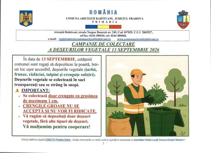 Primăria Ariceștii Rahtivani: Colectare deșeuri vegetale, 13 septembrie 2026