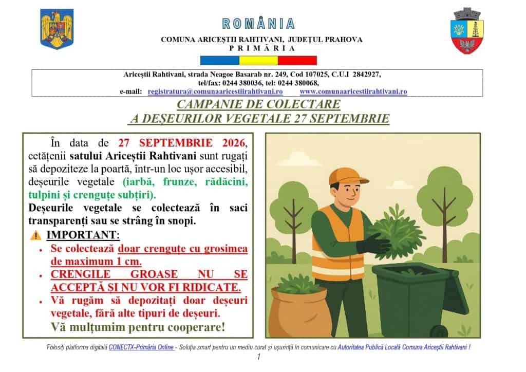 Primăria Ariceștii Rahtivani: Anunț privind colectarea deșeurilor vegetale