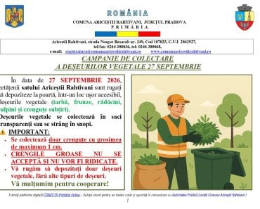 Primăria Ariceștii Rahtivani: Anunț privind colectarea deșeurilor vegetale