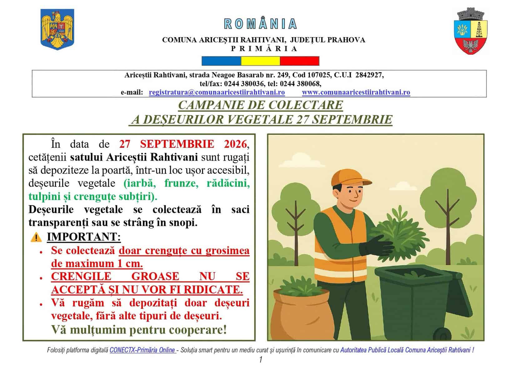 Primăria Ariceștii Rahtivani: Anunț privind colectarea deșeurilor vegetale Primăria Ariceștii Rahtivani: Anunț privind colectarea deșeurilor vegetale