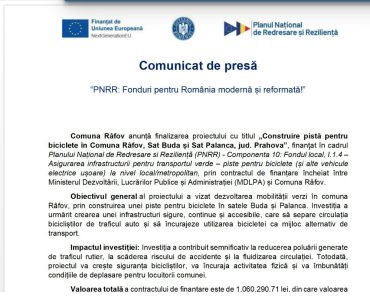 Comuna Râfov anunță finalizarea proiectului cu titlul „Construire pistă pentru biciclete în Comuna Râfov, Sat Buda și Sat Palanca, jud. Prahova”, finanţat în cadrul Planului Național de Redresare si Reziliență (PNRR) Comuna Râfov anunță finalizarea proiectului cu titlul „Construire pistă pentru biciclete în Comuna Râfov, Sat Buda și Sat Palanca, jud. Prahova”, finanţat în cadrul Planului Național de Redresare si Reziliență (PNRR)