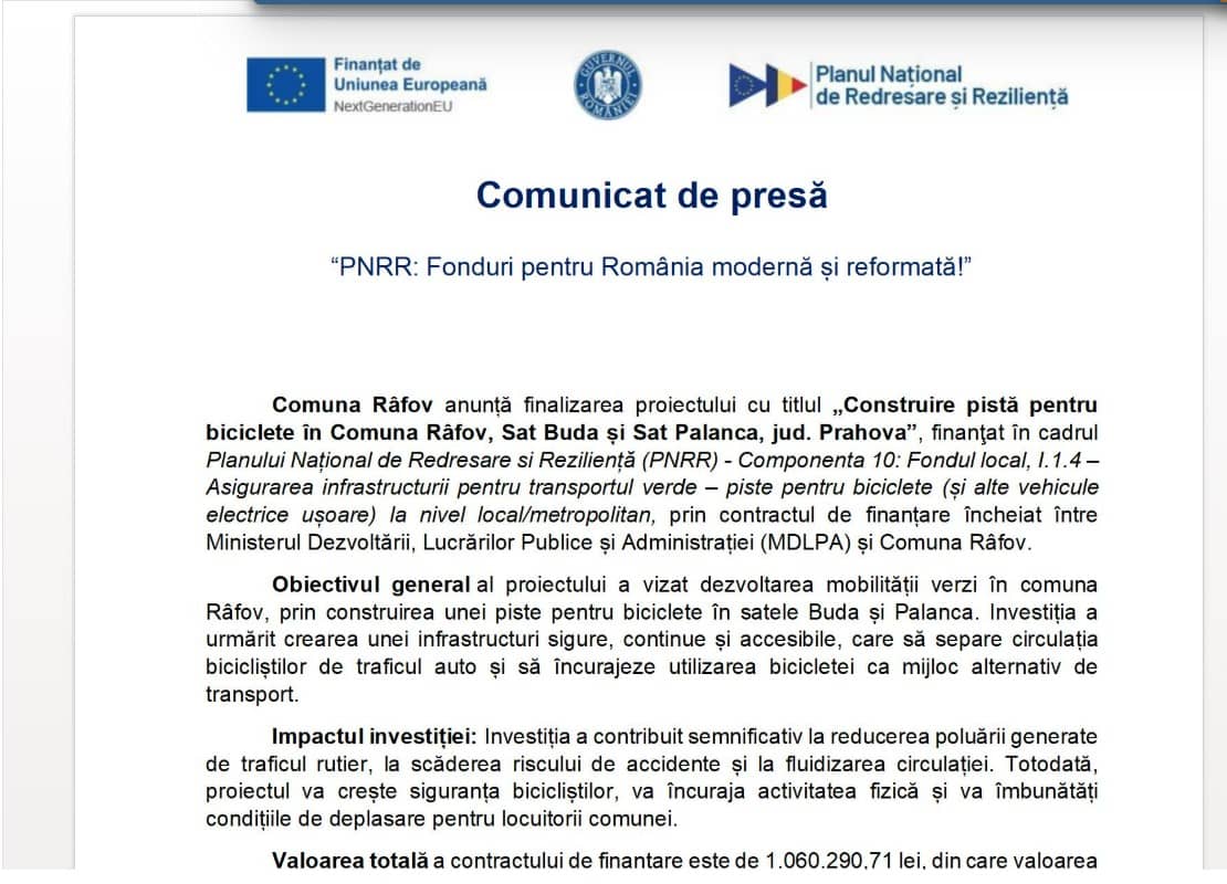 Comuna Râfov anunță finalizarea proiectului cu titlul „Construire pistă pentru biciclete în Comuna Râfov, Sat Buda și Sat Palanca, jud. Prahova”, finanţat în cadrul Planului Național de Redresare si Reziliență (PNRR) Comuna Râfov anunță finalizarea proiectului cu titlul „Construire pistă pentru biciclete în Comuna Râfov, Sat Buda și Sat Palanca, jud. Prahova”, finanţat în cadrul Planului Național de Redresare si Reziliență (PNRR)