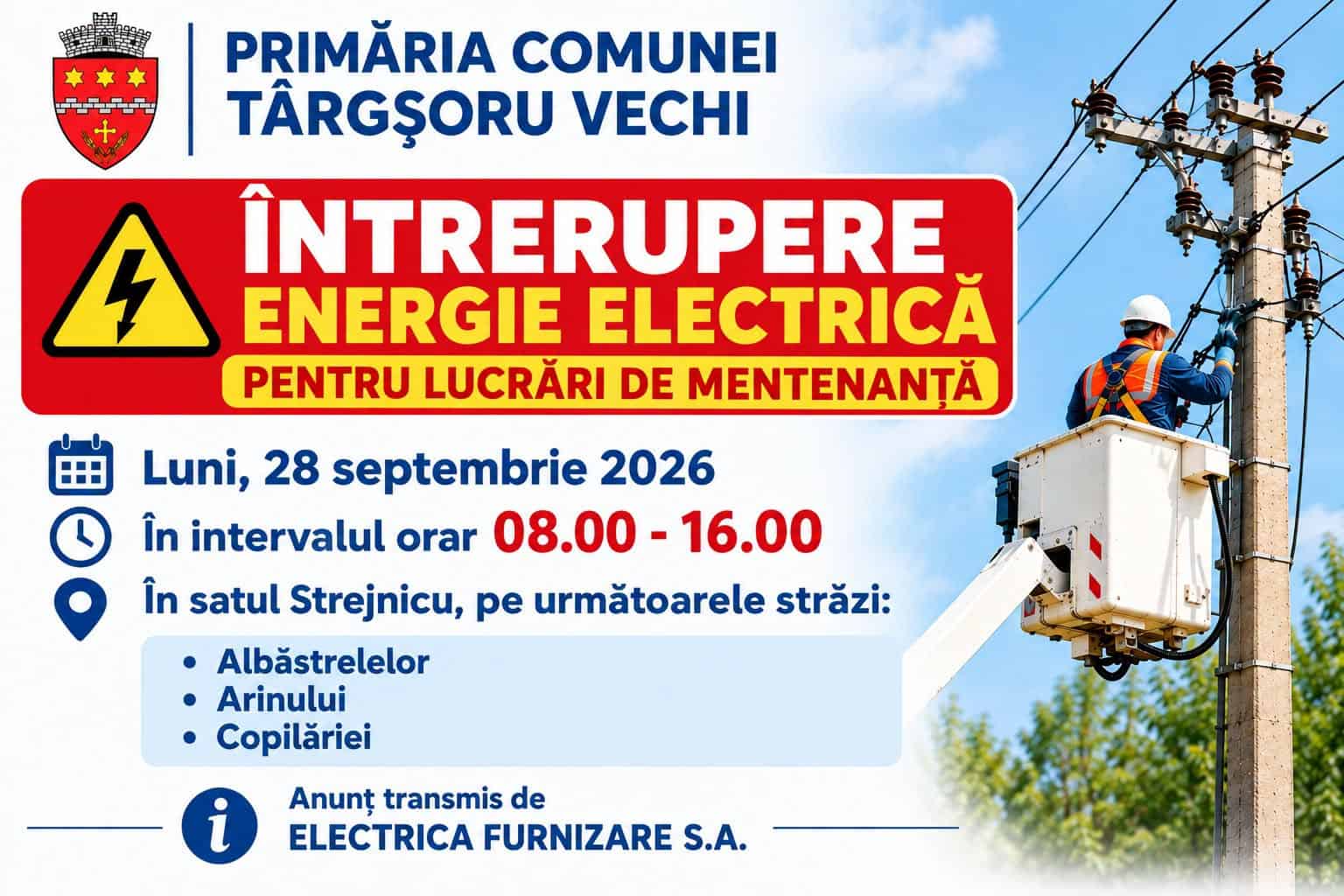 Întrerupere programată a energiei electrice în Strejnicu. Lucrări de mentenanță la rețea