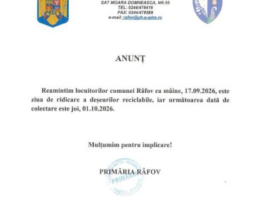 Colectarea deșeurilor reciclabile în Râfov, programată pe 1 octombrie Colectarea deșeurilor reciclabile în Râfov, programată pe 1 octombrie