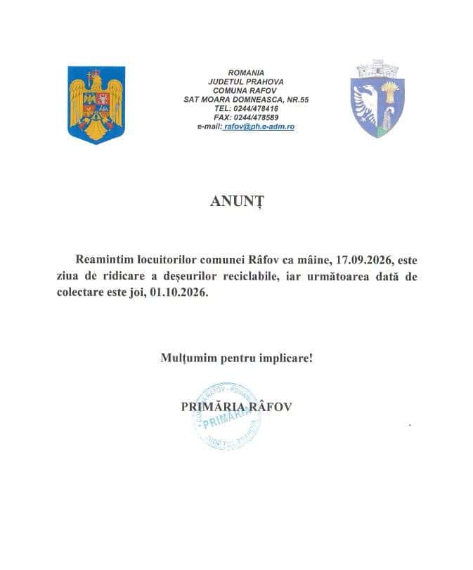 Colectarea deșeurilor reciclabile în Râfov, programată pe 1 octombrie Colectarea deșeurilor reciclabile în Râfov, programată pe 1 octombrie