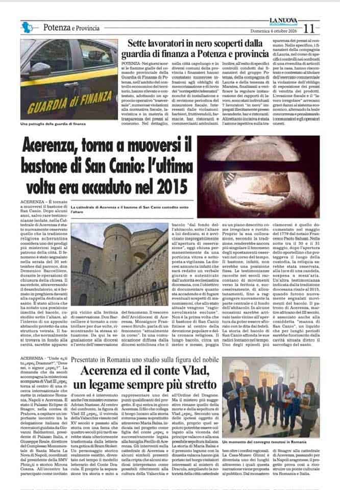 Presa italiană scrie pe larg despre simpozionul „Unde ești tu, Țepeș Doamne?”: Acerenza și contele Vlad, o legătură tot mai strânsă Presa italiană scrie pe larg despre simpozionul „Unde ești tu, Țepeș Doamne?”: Acerenza și contele Vlad, o legătură tot mai strânsă