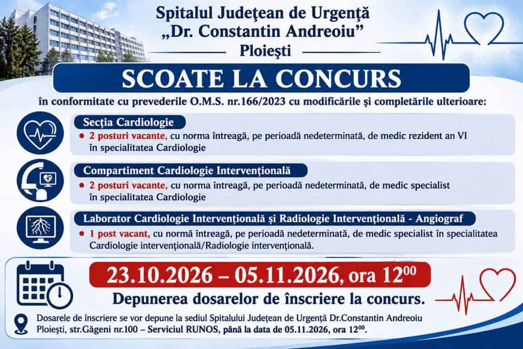 Spitalul Județean de Urgență Ploiești face angajări! Cinci posturi pentru medici cardiologi, scoase la concurs. Până când se pot depune dosarele