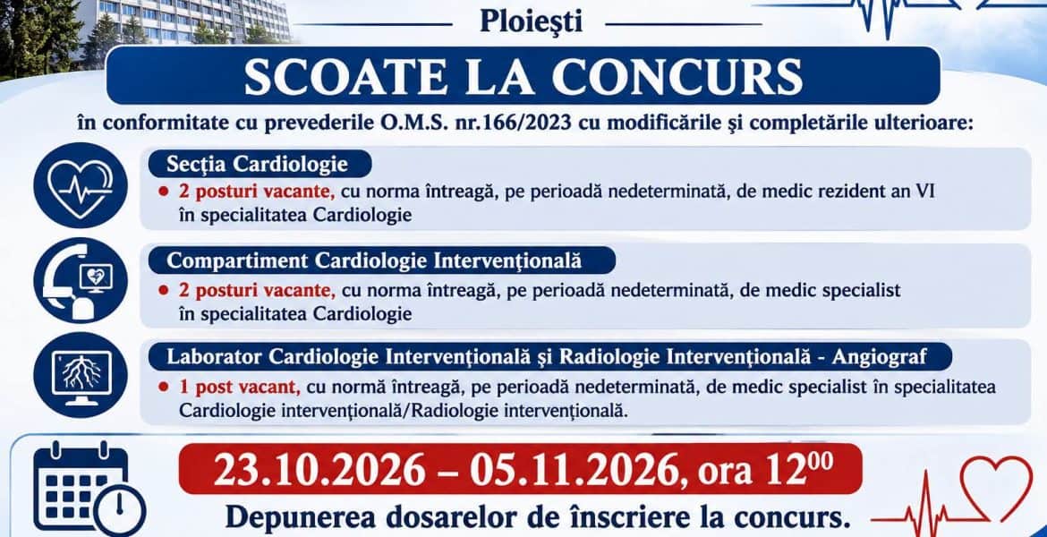 Spitalul Județean de Urgență Ploiești face angajări! Cinci posturi pentru medici cardiologi, scoase la concurs. Până când se pot depune dosarele