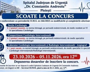 Spitalul Județean de Urgență Ploiești face angajări! Cinci posturi pentru medici cardiologi, scoase la concurs. Până când se pot depune dosarele