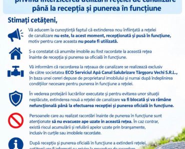 Primăria Târgșoru Vechi avertizează locuitorii: Noua rețea de canalizare nu poate fi încă utilizată! Primăria Târgșoru Vechi avertizează locuitorii: Noua rețea de canalizare nu poate fi încă utilizată!