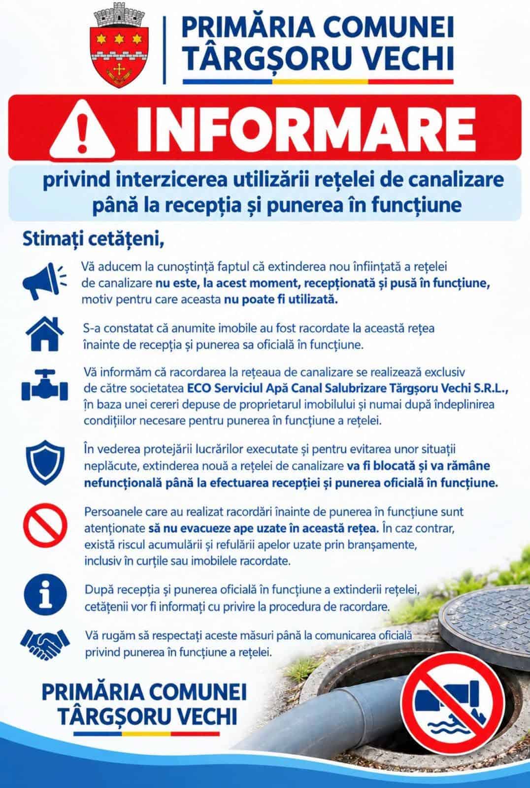 Primăria Târgșoru Vechi avertizează locuitorii: Noua rețea de canalizare nu poate fi încă utilizată!