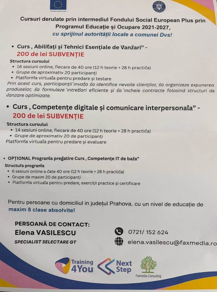 Primăria Albești Paleologu: Cursuri derulate prin intermediul Fondului Social European Plus prin Programul Educație și Ocupare 2021-2027