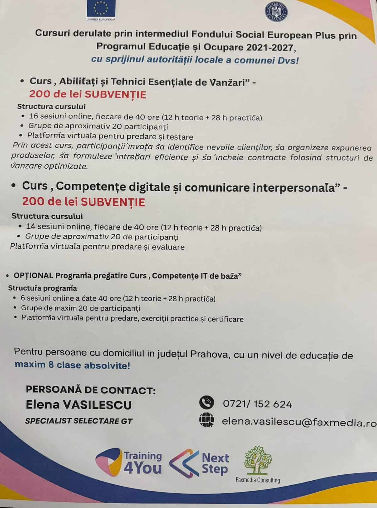 Primăria Albești Paleologu: Cursuri derulate prin intermediul Fondului Social European Plus prin Programul Educație și Ocupare 2021-2027