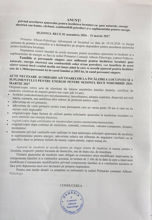 Primăria Albești Paleologu: Ajutor pentru încălzirea locuinței. Cererile se depun începânc cu 19 octombrie Primăria Albești Paleologu: Ajutor pentru încălzirea locuinței. Cererile se depun începânc cu 19 octombrie