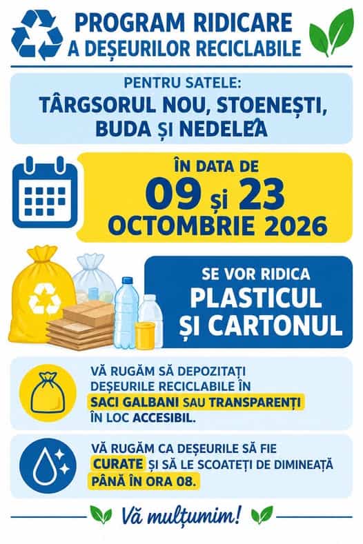 Primăria Ariceștii Rahtivani: Program ridicare deșeuri reciclabile – Octombrie 2026