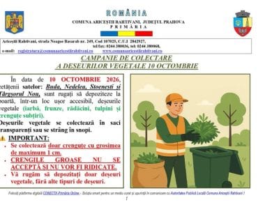 Primăria Ariceștii Rahtivani: Anunț privind colectarea deșeurilor vegetale, 10 octombrie 2026