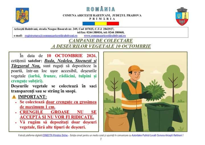 Primăria Ariceștii Rahtivani: Anunț privind colectarea deșeurilor vegetale, 10 octombrie 2026 Primăria Ariceștii Rahtivani: Anunț privind colectarea deșeurilor vegetale, 10 octombrie 2026