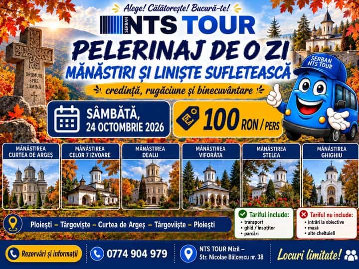 NTS Tour: Pelerinaj de o zi la șase mănăstiri din Muntenia, pe 24 octombrie NTS Tour: Pelerinaj de o zi la șase mănăstiri din Muntenia, pe 24 octombrie