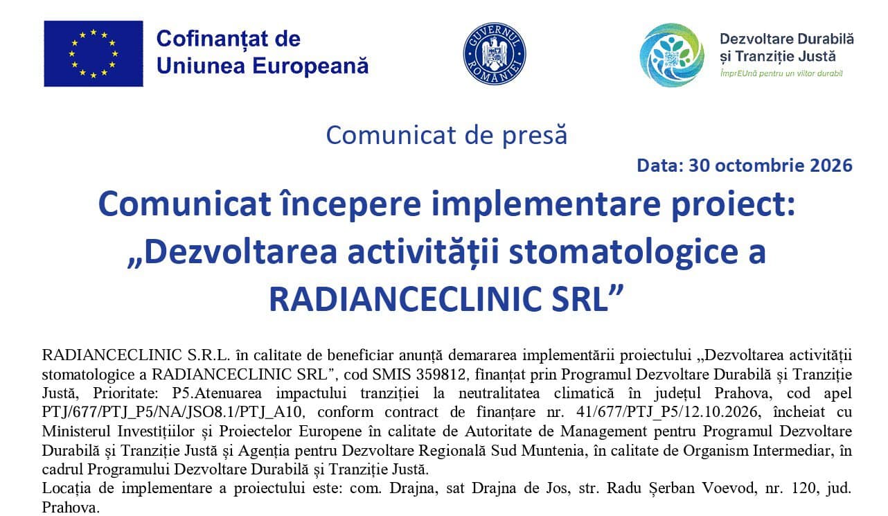 RADIANCECLINIC anunță începerea implementării proiectului „Dezvoltarea activității stomatologice a RADIANCECLINIC SRL”